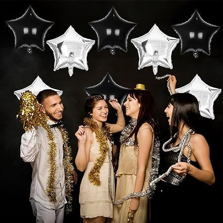 Silver and Black Star Balloons Set - 12 Pieces Easy to Inflate for Wedding Birthday Special Occasion Decoration