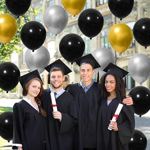 "Elegant Metallic Balloon Bouquet - Mix of Gold, Black, and Silver - Luxury Decoration for Events and Parties"