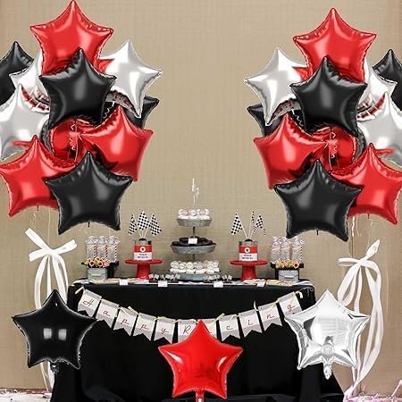 Silver Red Black Star Balloons Set - 12 Pieces - Modern Design Easy to Inflate for Events and Parties
