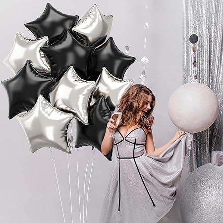 Silver and Black Star Balloons Set - 12 Pieces Easy to Inflate for Wedding Birthday Special Occasion Decoration