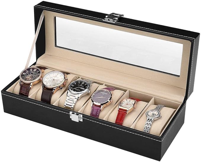 Watch Organizer, 6 Slot Watch Box PU Leather Watch Storage Case with Lock and Key, Birthday Fathers Day Mothers Gifts Presents for Men and Women