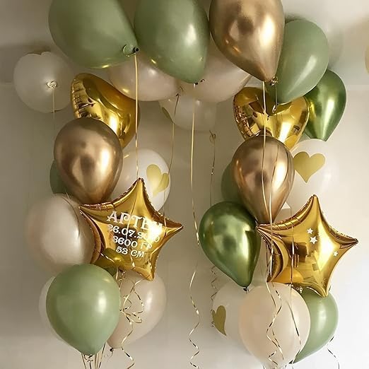 Sage and Olive Green Balloon Set 105 pieces 12 inch latex balloons perfect for decorating birthdays, graduation parties, weddings, baby showers, anniversaries and New Year celebrations with attractive design.