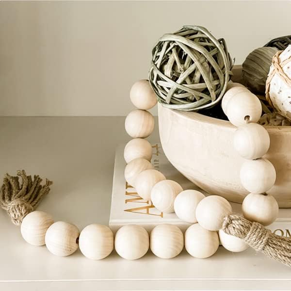 Elifel Farmhouse Decor Large Wooden Bead Garland, 50" Long with 1.6" Diameter Beads, Natural Wood & Jute, Round Shape, Wood Color