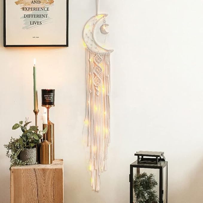 Dremisland Macrame Woven Wall Hanging Moon Dream Catcher- Boho Chic Bohemian Home Decor Wall Art Decor Beautiful Apartment Dorm Room Door Decoration (Moon)