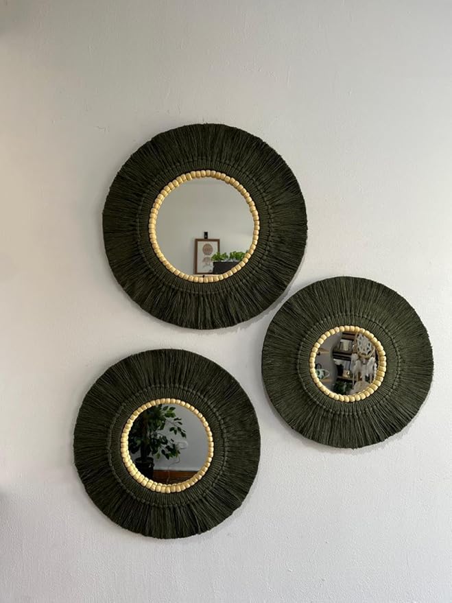 Handmade Macrame Mirror Set 3 Pieces 3 Different Sizes Dark Green Boho Home Room Decor Wall Hanging Gift for Her