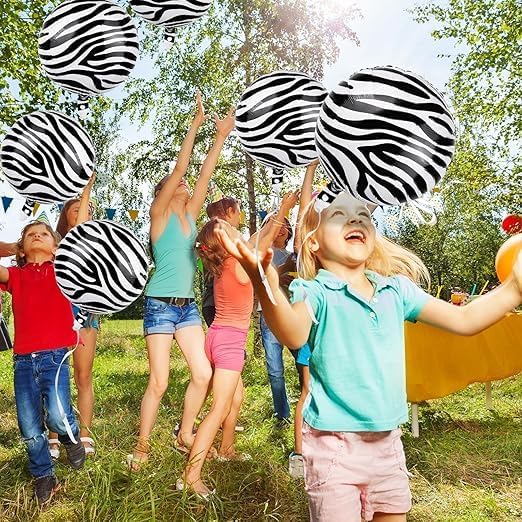 Zebra Mylar Balloons 18 Inch Pack of 12 Jungle Animal Balloons Round | Wildlife Balloons for Zoo Jungle Safari Theme Birthday Party Decorations