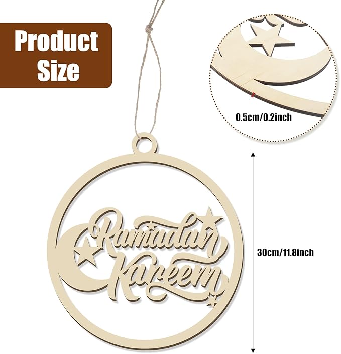 Queekay Wooden Ramadan Kareem Door Sign Round Hanging Islam Wall Pendant for Muslim Home Room Happy Party Supplies