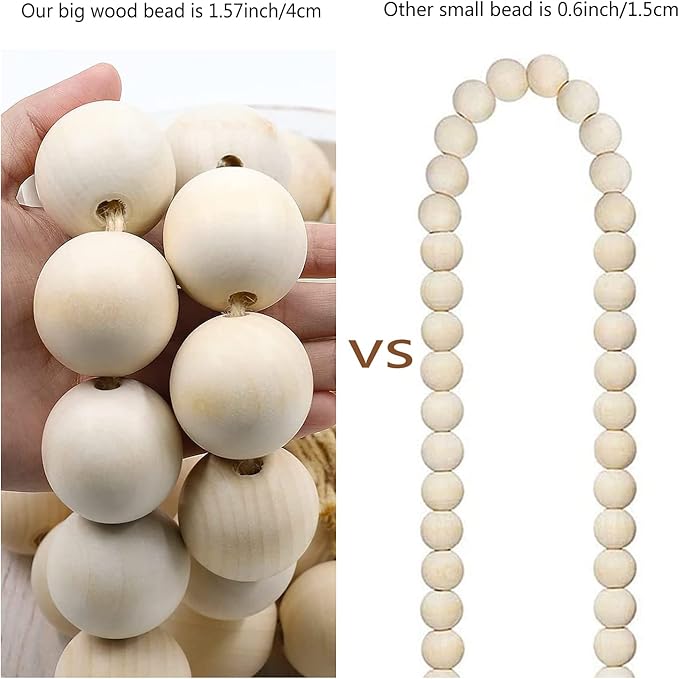 Elifel Farmhouse Decor Large Wooden Bead Garland, 50" Long with 1.6" Diameter Beads, Natural Wood & Jute, Round Shape, Wood Color