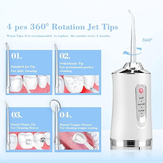 Wireless Oral Irrigator, Cordless Water Dental Floss for Teeth with 3 Modes & 4 Replacement Nozzles, Interdental Cleaner Rechargeable with Removable 230 ml Water Tank for Home, Travel, Shower (White)