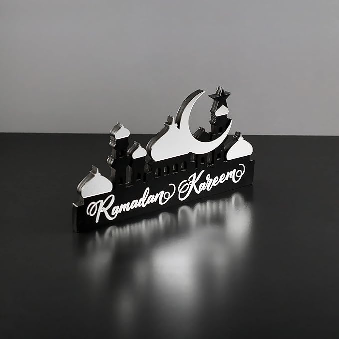 IWA CONCEPT | Wooden Acrylic Islamic Tabletop Decors | Ramadan Kareem and Eid Mubarak Decoration | Islamic Muslim Gifts | Ramadan Eid Decoration | (Ramadan Kareem-5, Silver)