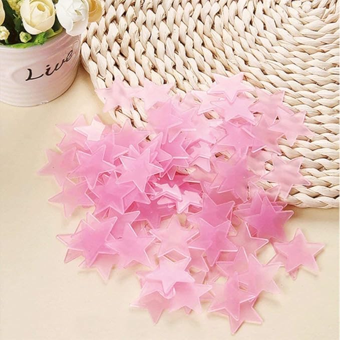 Generic 100pcs Plastic 3D Stars Glow in the Dark Stickers Night Luminous Wall Decal Sticker For Kids Bedroom Living Room Children's Room Ceiling Nursery Room Pink
