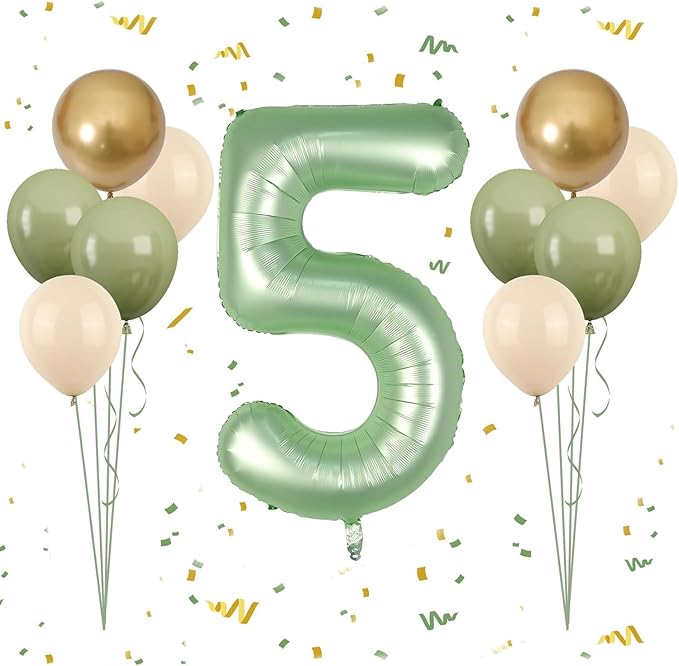 40 Inch Sage Green Number 5 Balloon, Olive Green 5th Birthday Balloons, Retro Sand White Avocado Green Gold Latex Balloons Giant 5 Foil Balloon for Baby Boy Girl 5th Birthday Jungle Party Decorations