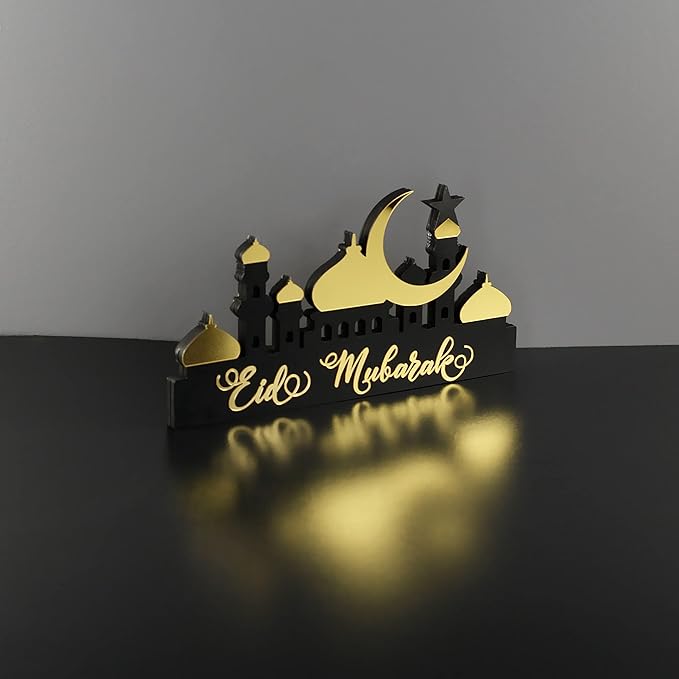 iwa concept | Wooden Acrylic Islamic Tabletop Decors | Ramadan Kareem and Eid Mubarak Decoration | Islamic Muslim Gifts | Ramadan Eid Decoration | (Eid Mubarak-5, Gold)