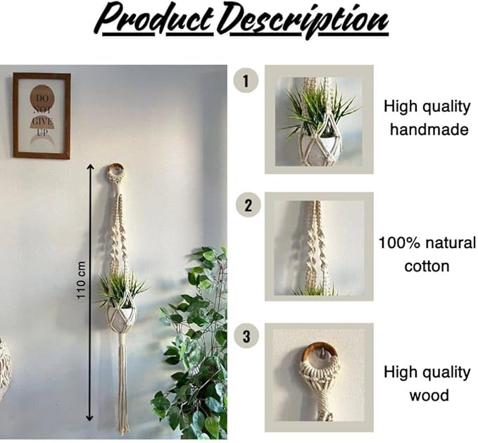 Generic Macrame Plant Holder, Handmade Hanging Planter, Vertical, 110 Centimetres, Off White