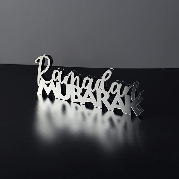 IWA CONCEPT | Wooden Acrylic Islamic Tabletop Decors | Ramadan Kareem and Eid Mubarak Decoration | Islamic Muslim Gifts | Ramadan Eid Decoration | (Ramadan Mubarak-2, Silver)