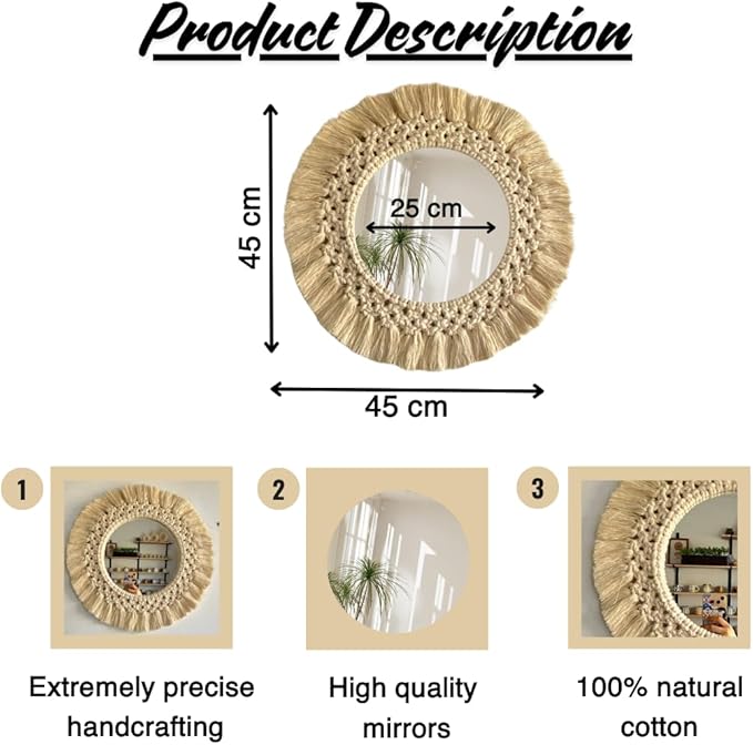 Bohemian Macrame Wall Mirror - Handmade Wall Decor with Mirror - 100% Natural Cotton