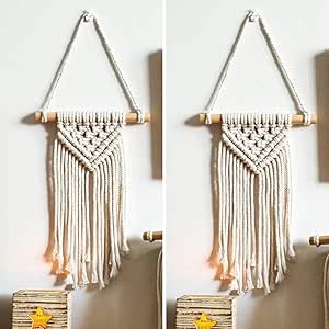 Set Small Macrame Wall Hanging, Mini Macrame Mural, Cotton Yarn Wall Hanging, Bedroom Nursery Wall Art Decor, Bohemian Hygge Home Decoration (Set of 2)