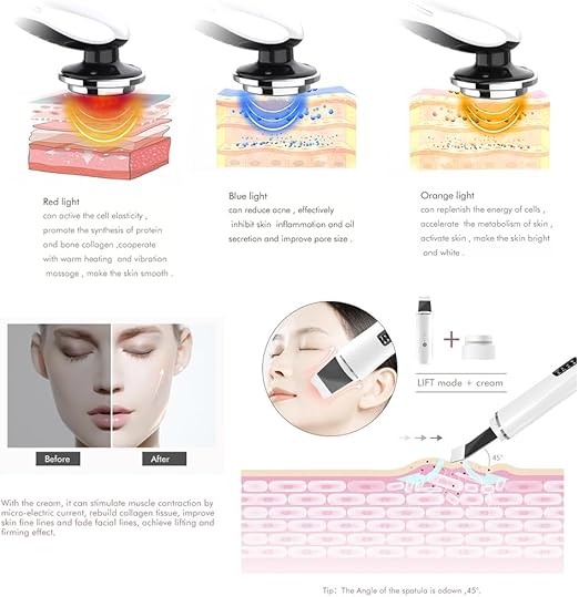 2pc Facial Massager Device, 7 in 1 Microcurrent LED Photon Light Therapy Facial Machine, Skin Scrubber Face Spatula, At-Home Beauty Instrument for Anti-Wrinkle & Skin Cleansing