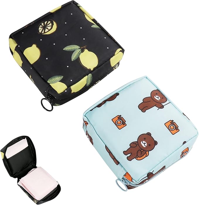 Sanitary Pads Storage Bag, Pack of 2 Reusable Menstrual Cup Bag, Nylon Portable Sanitary Towel Storage Organiser with Zipper for Girls Women (Green)