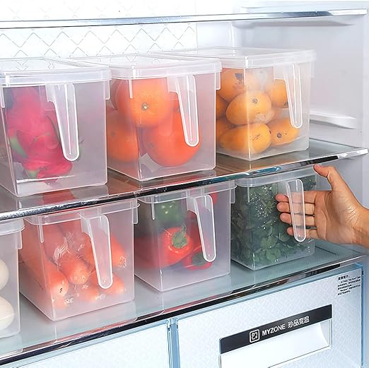 Sooyee Fridge Storage Containers Produce Saver, 4 Pack x 5L Stackable Refrigerator Organizer Keeper with Handle & Lid To Keep Fresh for Produce, Food,Fruits, Vegetables, Meat and Fish,Clear