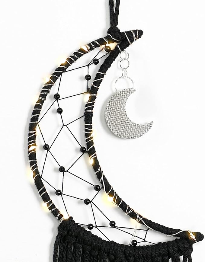 Dremisland Macrame Woven Wall Hanging Moon Dream Catcher- Boho Chic Bohemian Home Decor Wall Art Decor Beautiful Apartment Dorm Room Door Decoration (Moon-Black)