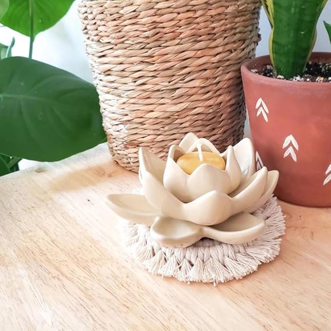 tms Cotton Boho Circle Macramã© Coaster with Fringe, Off-White, 15.24 Cm Diameter, Handcrafted, Decorative Drink Coasters, Natural Fibers, Table Decor Accessories 2 Piece (Off-White Set 2)