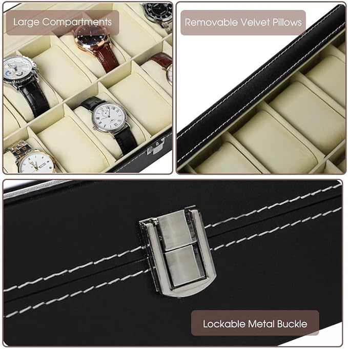 Arabest Watch Organizer Large 12 Slot Watch Display Case Organizer With Glass Lid,Watch Box Organizer For Men, Mens Jewelry Box With Removable Pillow,Black PU Leather