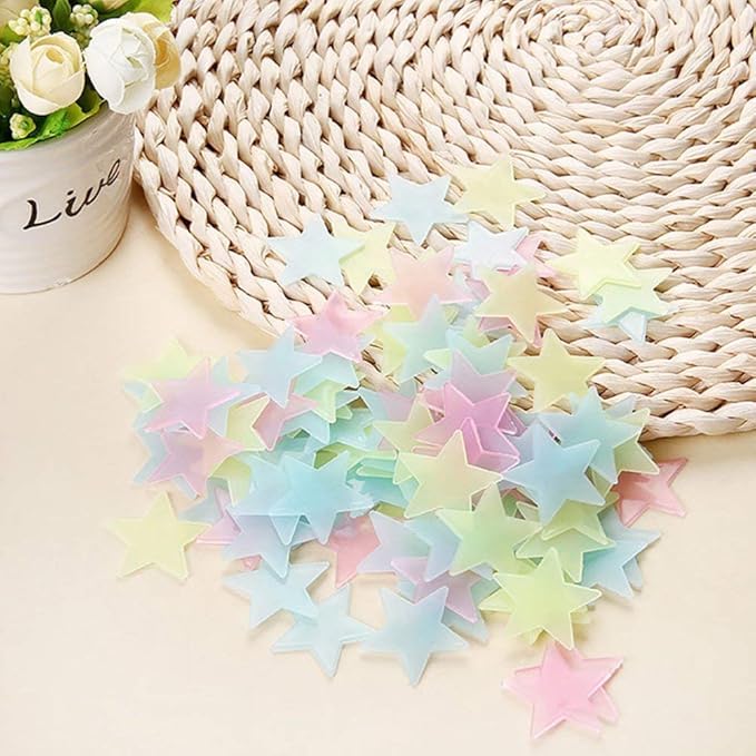 Generic 200pcs Plastic 3D Stars Glow in the Dark Stickers Night Luminous Wall Decal Sticker For Kids Bedroom Living Room Children's Room Ceiling Nursery Room Multi Color