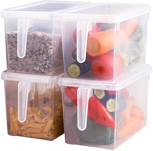 Sooyee Fridge Storage Containers Produce Saver, 4 Pack x 5L Stackable Refrigerator Organizer Keeper with Handle & Lid To Keep Fresh for Produce, Food,Fruits, Vegetables, Meat and Fish,Clear