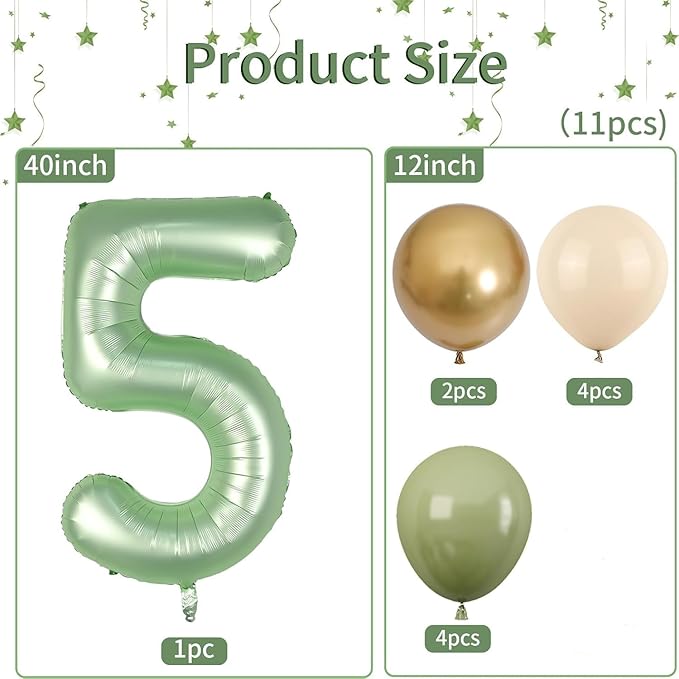 40 Inch Sage Green Number 5 Balloon, Olive Green 5th Birthday Balloons, Retro Sand White Avocado Green Gold Latex Balloons Giant 5 Foil Balloon for Baby Boy Girl 5th Birthday Jungle Party Decorations