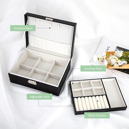 Eirsdoik Black Leather Jewelry Box Organizer with Lock,2-Layer Removable Display Storage Travel Case for Necklaces,Rings, Earrings,Bracelets