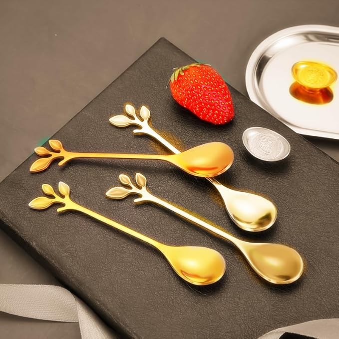 12 Pieces Stainless Steel Leaf Shape Mini Dessert Spoons Forks Set, 4.7" Home Kitchen Tableware Demitasse Espresso Dishwasher Safe Coffee Cake Dessert Stirring Sugar Stir Ice Cream Fruit Teaspoon Fork