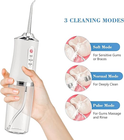 Wireless Oral Irrigator, Cordless Water Dental Floss for Teeth with 3 Modes & 4 Replacement Nozzles, Interdental Cleaner Rechargeable with Removable 230 ml Water Tank for Home, Travel, Shower (White)