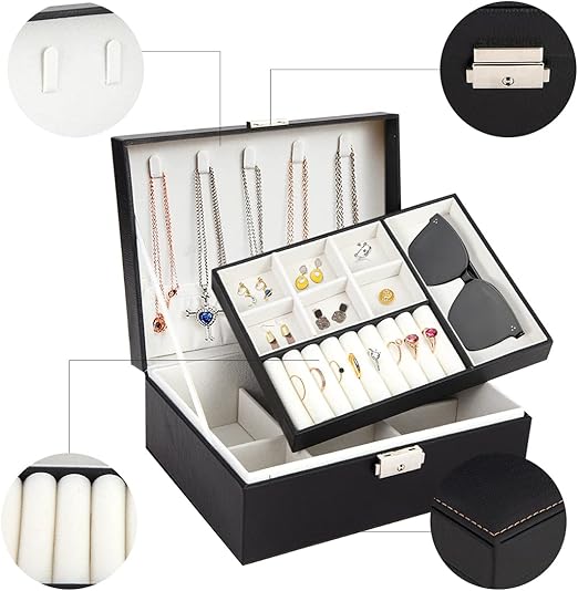Eirsdoik Black Leather Jewelry Box Organizer with Lock,2-Layer Removable Display Storage Travel Case for Necklaces,Rings, Earrings,Bracelets
