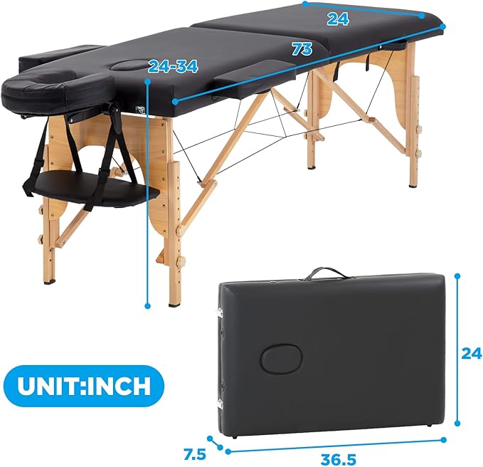 Portable Massage Table Folding with Free Accessories, Wooden/Aluminum 84" Bed 2" Cushion 2/3 Section Massage Spa Bed,Height-Adjustable Salon Bed… (Beech Black 2 Section)