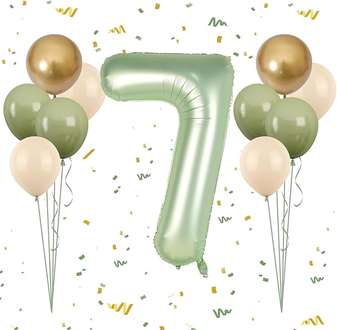40 Inch Sage Green Number 7 Balloon, Olive Green 7th Birthday Balloons, Retro Sand White Avocado Green Gold Latex Balloons Giant 7 Foil Balloon for Kids Boy Girl 7th Birthday Jungle Party Decorations
