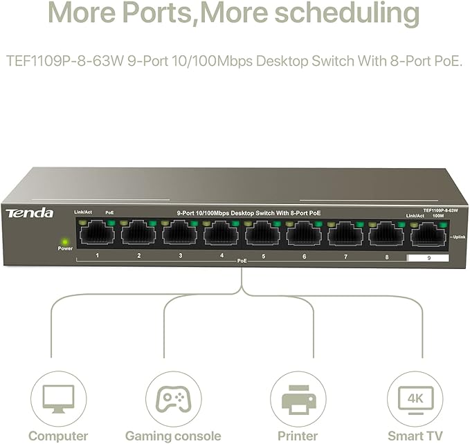 Tenda 9 port 10/100 mbps fast unmanaged ethernet network switch with 8 poe ports@63w (tef1109p) | desktop | plug & play | fanless metal design | shielded ports | limited lifetime protection