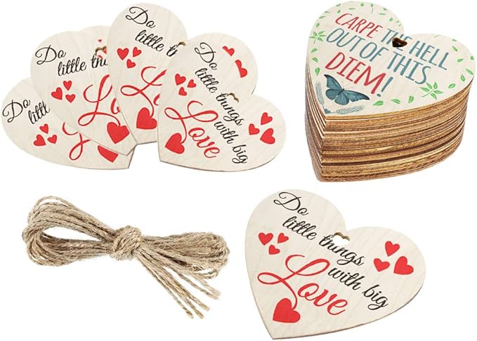 Wooden Hearts,50 Pieces DIY Wooden Ornaments Predrilled Heart Wood Circles with Natural Twine,Blank Wood Heart Slices for Wedding,Thanksgiving,Valentine DIY Supplies,Holiday Hanging Decorations