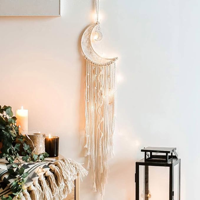 Macrame Wall Hanging Moon Dream Catcher with LED Light Handmade Woven Dream Catcher Boho Home Decoration Chic Home Decor Gifts Apartment Room Decoration for Eid Mubarak Ramadan