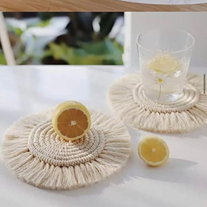 tms Cotton Boho Circle Macramã© Coaster with Fringe, Off-White, 15.24 Cm Diameter, Handcrafted, Decorative Drink Coasters, Natural Fibers, Table Decor Accessories 2 Piece (Off-White Set 2)