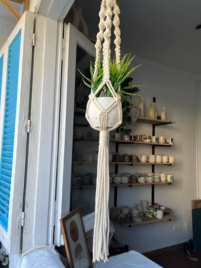 Generic Macrame Plant Holder, Handmade Hanging Planter, Vertical, 110 Centimetres, Off White