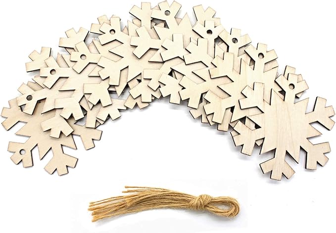 50 Pack Wooden Crafts to Paint Christmas Tree Hanging Ornaments Unfinished Wood Cutouts Christmas Decoration DIY Crafts (Snowflake Cutouts)