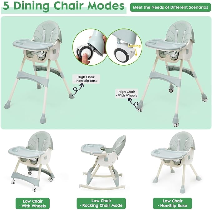 3-in-1 Children's High Chair with Wheels and Tray, Foldable Baby High Chair with Reclining Function, Height Adjustable Backrest, Grows with Children from 0 Months to 6 Years Baby Chair