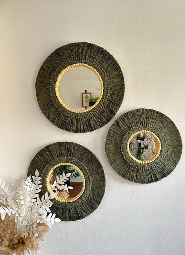 Handmade Macrame Mirror Set 3 Pieces 3 Different Sizes Dark Green Boho Home Room Decor Wall Hanging Gift for Her
