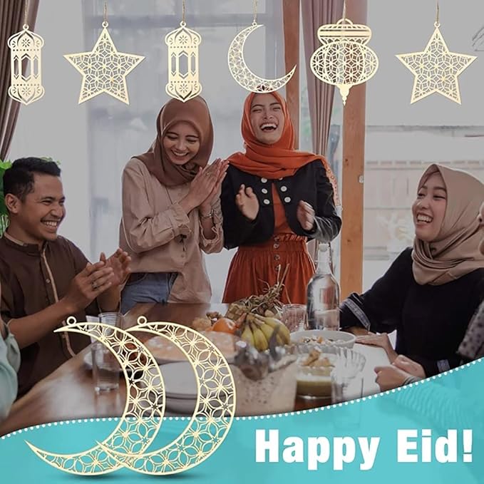 Lukione (6PCS) Islam Eid Ramadan Mubarak Decorations Hanging Wooden Lantern Baubles Pendant Muslim Islam Plaque Sign Ornament for Home Happy Ramadan Mubarak DIY Wall Decor Supplies