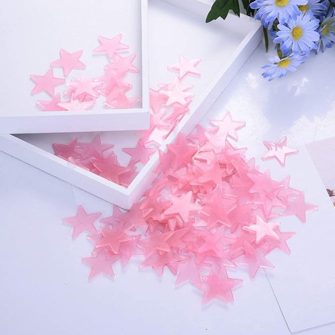 Generic 100pcs Plastic 3D Stars Glow in the Dark Stickers Night Luminous Wall Decal Sticker For Kids Bedroom Living Room Children's Room Ceiling Nursery Room Pink