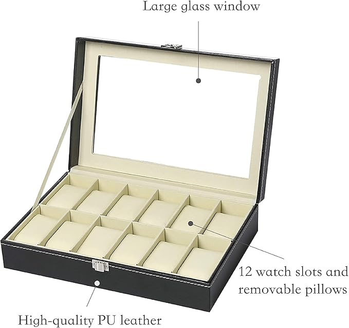 Arabest Watch Organizer Large 12 Slot Watch Display Case Organizer With Glass Lid,Watch Box Organizer For Men, Mens Jewelry Box With Removable Pillow,Black PU Leather