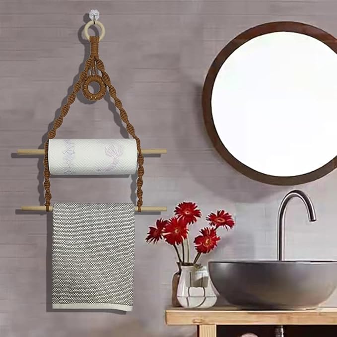 2 Roles Macrame Paper Towel Holder Wall Mount for Kitchen Bathroom-Brown Boho Paper Towel Hanger Under Cabinet No Drill (Brown)