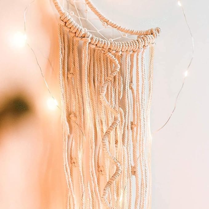 Macrame Wall Hanging Moon Dream Catcher with LED Light Handmade Woven Dream Catcher Boho Home Decoration Chic Home Decor Gifts Apartment Room Decoration for Eid Mubarak Ramadan