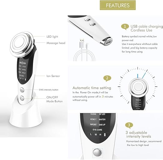 2pc Facial Massager Device, 7 in 1 Microcurrent LED Photon Light Therapy Facial Machine, Skin Scrubber Face Spatula, At-Home Beauty Instrument for Anti-Wrinkle & Skin Cleansing